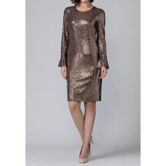 Joseph Ribkoff Shimmer Sheath Dress Size 6 Rose Gold Flare Long Sleeve Party - Picture 2 of 12
